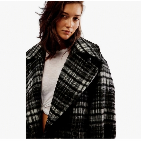 Free People Womens Highlands Wool Blend Plaid Pea Coat - Picture 6 of 7